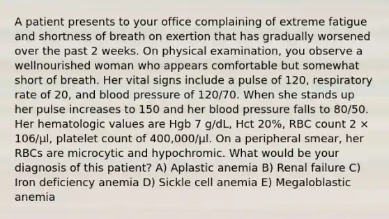 A patient presents to your office complaining of extreme fatigue and shortness of breath on exertion that has gradually worsened over the past 2 weeks. On physical examination, you observe a wellnourished woman who appears comfortable but somewhat short of breath. Her vital signs include a pulse of 120, respiratory rate of 20, and blood pressure of 120/70. When she stands up her pulse increases to 150 and her blood pressure falls to 80/50. Her hematologic values are Hgb 7 g/dL, Hct 20%, RBC count 2 × 106/μl, platelet count of 400,000/μl. On a peripheral smear, her RBCs are microcytic and hypochromic. What would be your diagnosis of this patient? A) Aplastic anemia B) Renal failure C) Iron deficiency anemia D) Sickle cell anemia E) Megaloblastic anemia