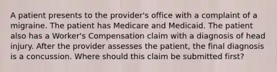 A patient presents to the provider's office with a complaint of a migraine. The patient has Medicare and Medicaid. The patient also has a Worker's Compensation claim with a diagnosis of head injury. After the provider assesses the patient, the final diagnosis is a concussion. Where should this claim be submitted first?