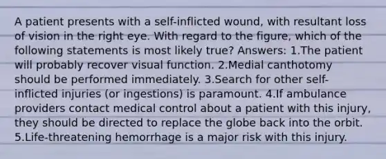 A patient presents with a self-inflicted wound, with resultant loss of vision in the right eye. With regard to the figure, which of the following statements is most likely true? Answers: 1.The patient will probably recover visual function. 2.Medial canthotomy should be performed immediately. 3.Search for other self-inflicted injuries (or ingestions) is paramount. 4.If ambulance providers contact medical control about a patient with this injury, they should be directed to replace the globe back into the orbit. 5.Life-threatening hemorrhage is a major risk with this injury.