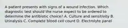 A patient presents with signs of a wound infection. Which diagnostic test should the nurse expect to be ordered to determine the antibiotic choice? A. Culture and sensitivity B. Urinalysis C. Complete blood cell count D. Electrolyte panel