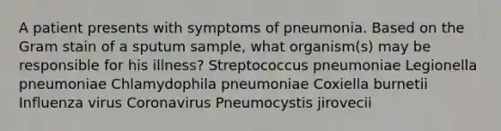 A patient presents with symptoms of pneumonia. Based on the Gram stain of a sputum sample, what organism(s) may be responsible for his illness? Streptococcus pneumoniae Legionella pneumoniae Chlamydophila pneumoniae Coxiella burnetii Influenza virus Coronavirus Pneumocystis jirovecii