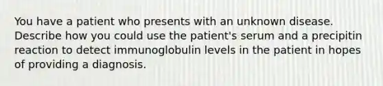 You have a patient who presents with an unknown disease. Describe how you could use the ‭patient's serum and a precipitin reaction to detect immunoglobulin levels in the patient in hopes of providing ‭a diagnosis.