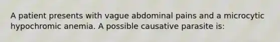 A patient presents with vague abdominal pains and a microcytic hypochromic anemia. A possible causative parasite is: