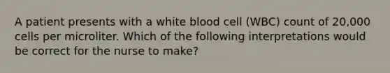 A patient presents with a white blood cell (WBC) count of 20,000 cells per microliter. Which of the following interpretations would be correct for the nurse to make?