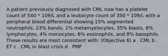 A patient previously diagnosed with CML now has a platelet count of 540 * 109/L and a leukocyte count of 350 * 109/L with a peripheral blood differential showing 15% segmented neutrophils, 23% bands, 2% metamyelocytes, 35% blasts, 6% lymphocytes, 4% monocytes, 6% eosinophils, and 8% basophils. These results are most consistent with: (Objective 6) a . CML b . ET c . CML in blast crisis d . PMF