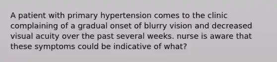 A patient with primary hypertension comes to the clinic complaining of a gradual onset of blurry vision and decreased visual acuity over the past several weeks. nurse is aware that these symptoms could be indicative of what?