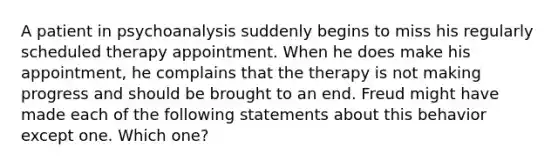 A patient in psychoanalysis suddenly begins to miss his regularly scheduled therapy appointment. When he does make his appointment, he complains that the therapy is not making progress and should be brought to an end. Freud might have made each of the following statements about this behavior except one. Which one?