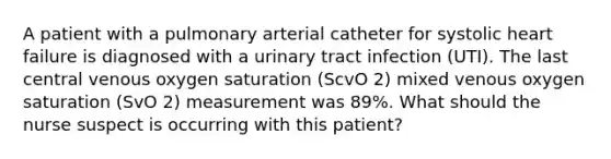 A patient with a pulmonary arterial catheter for systolic heart failure is diagnosed with a urinary tract infection (UTI). The last central venous oxygen saturation (ScvO 2) mixed venous oxygen saturation (SvO 2) measurement was 89%. What should the nurse suspect is occurring with this patient?