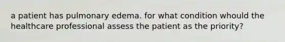 a patient has pulmonary edema. for what condition whould the healthcare professional assess the patient as the priority?