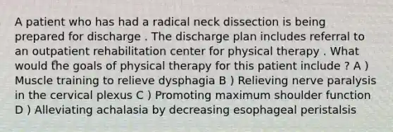 A patient who has had a radical neck dissection is being prepared for discharge . The discharge plan includes referral to an outpatient rehabilitation center for physical therapy . What would the goals of physical therapy for this patient include ? A ) Muscle training to relieve dysphagia B ) Relieving nerve paralysis in the cervical plexus C ) Promoting maximum shoulder function D ) Alleviating achalasia by decreasing esophageal peristalsis