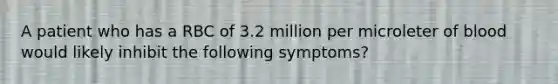 A patient who has a RBC of 3.2 million per microleter of blood would likely inhibit the following symptoms?