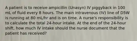 A patient is to receive ampicillin (Unasyn) IV piggyback in 100 mL of fluid every 8 hours. The main intravenous (IV) line of D5W is running at 80 mL/hr and is on time. A nurse's responsibility is to calculate the total 24-hour intake. At the end of the 24-hour shift, how much IV intake should the nurse document that the patient has received?