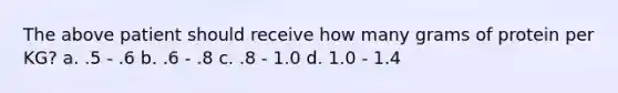 The above patient should receive how many grams of protein per KG? a. .5 - .6 b. .6 - .8 c. .8 - 1.0 d. 1.0 - 1.4