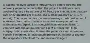 A patient received atropine intravenously before surgery. The recovery room nurse notes that the patient is delirious upon awakening, has a heart rate of 96 beats per minute, a respiratory rate of 22 breaths per minute, and a blood pressure of 110/78 mm Hg. The nurse notifies the anesthesiologist, who will order: A activated charcoal to minimize intestinal absorption of the antimuscarinic agent. B an acetylcholinesterase inhibitor to compete with the antimuscarinic agent at receptors. C an antipsychotic medication to treat the patient's central nervous system symptoms. D ipratropium bromide (Atrovent) to counter the respiratory effects of the antimuscarinic agent.