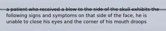 a patient who received a blow to the side of the skull exhibits the following signs and symptoms on that side of the face, he is unable to close his eyes and the corner of his mouth droops