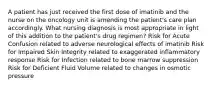 A patient has just received the first dose of imatinib and the nurse on the oncology unit is amending the patient's care plan accordingly. What nursing diagnosis is most appropriate in light of this addition to the patient's drug regimen? Risk for Acute Confusion related to adverse neurological effects of imatinib Risk for Impaired Skin Integrity related to exaggerated inflammatory response Risk for Infection related to bone marrow suppression Risk for Deficient Fluid Volume related to changes in osmotic pressure