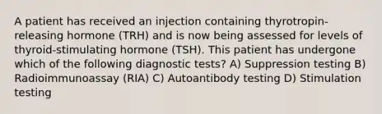 A patient has received an injection containing thyrotropin-releasing hormone (TRH) and is now being assessed for levels of thyroid-stimulating hormone (TSH). This patient has undergone which of the following diagnostic tests? A) Suppression testing B) Radioimmunoassay (RIA) C) Autoantibody testing D) Stimulation testing