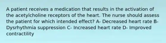 A patient receives a medication that results in the activation of the acetylcholine receptors of the heart. The nurse should assess the patient for which intended effect? A- Decreased heart rate B- Dysrhythmia suppression C- Increased heart rate D- Improved contractility