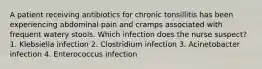 A patient receiving antibiotics for chronic tonsillitis has been experiencing abdominal pain and cramps associated with frequent watery stools. Which infection does the nurse suspect? 1. Klebsiella infection 2. Clostridium infection 3. Acinetobacter infection 4. Enterococcus infection