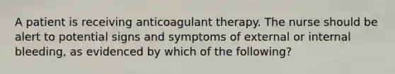 A patient is receiving anticoagulant therapy. The nurse should be alert to potential signs and symptoms of external or internal bleeding, as evidenced by which of the following?