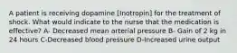 A patient is receiving dopamine [Inotropin] for the treatment of shock. What would indicate to the nurse that the medication is effective? A- Decreased mean arterial pressure B- Gain of 2 kg in 24 hours C-Decreased blood pressure D-Increased urine output