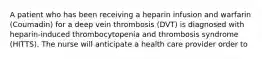 A patient who has been receiving a heparin infusion and warfarin (Coumadin) for a deep vein thrombosis (DVT) is diagnosed with heparin-induced thrombocytopenia and thrombosis syndrome (HITTS). The nurse will anticipate a health care provider order to