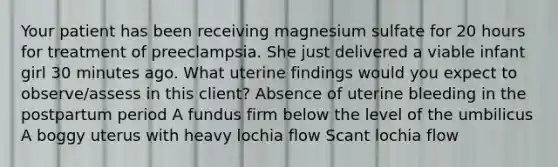 Your patient has been receiving magnesium sulfate for 20 hours for treatment of preeclampsia. She just delivered a viable infant girl 30 minutes ago. What uterine findings would you expect to observe/assess in this client? Absence of uterine bleeding in the postpartum period A fundus firm below the level of the umbilicus A boggy uterus with heavy lochia flow Scant lochia flow