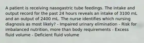 A patient is receiving nasogastric tube feedings. The intake and output record for the past 24 hours reveals an intake of 3100 mL and an output of 2400 mL. The nurse identifies which nursing diagnosis as most likely? - Impaired urinary elimination - Risk for imbalanced nutrition, more than body requirements - Excess fluid volume - Deficient fluid volume