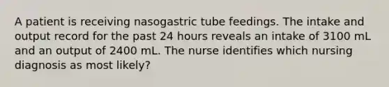 A patient is receiving nasogastric tube feedings. The intake and output record for the past 24 hours reveals an intake of 3100 mL and an output of 2400 mL. The nurse identifies which nursing diagnosis as most likely?