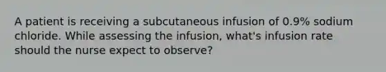 A patient is receiving a subcutaneous infusion of 0.9% sodium chloride. While assessing the infusion, what's infusion rate should the nurse expect to observe?