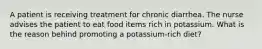 A patient is receiving treatment for chronic diarrhea. The nurse advises the patient to eat food items rich in potassium. What is the reason behind promoting a potassium-rich diet?