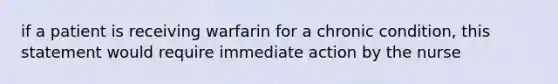 if a patient is receiving warfarin for a chronic condition, this statement would require immediate action by the nurse