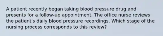 A patient recently began taking blood pressure drug and presents for a follow-up appointment. The office nurse reviews the patient's daily blood pressure recordings. Which stage of the nursing process corresponds to this review?