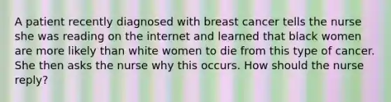 A patient recently diagnosed with breast cancer tells the nurse she was reading on the internet and learned that black women are more likely than white women to die from this type of cancer. She then asks the nurse why this occurs. How should the nurse reply?