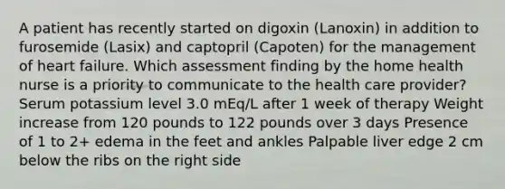 A patient has recently started on digoxin (Lanoxin) in addition to furosemide (Lasix) and captopril (Capoten) for the management of heart failure. Which assessment finding by the home health nurse is a priority to communicate to the health care provider? Serum potassium level 3.0 mEq/L after 1 week of therapy Weight increase from 120 pounds to 122 pounds over 3 days Presence of 1 to 2+ edema in the feet and ankles Palpable liver edge 2 cm below the ribs on the right side