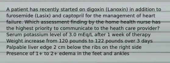 A patient has recently started on digoxin (Lanoxin) in addition to furosemide (Lasix) and captopril for the management of heart failure. Which assessment finding by the home health nurse has the highest priority to communicate to the heath care provider? Serum potassium level of 3.0 mEq/L after 1 week of therapy Weight increase from 120 pounds to 122 pounds over 3 days Palpable liver edge 2 cm below the ribs on the right side Presence of 1+ to 2+ edema in the feet and ankles