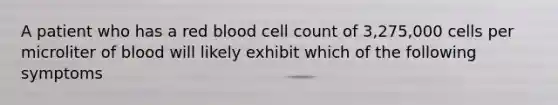 A patient who has a red blood cell count of 3,275,000 cells per microliter of blood will likely exhibit which of the following symptoms