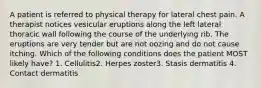 A patient is referred to physical therapy for lateral chest pain. A therapist notices vesicular eruptions along the left lateral thoracic wall following the course of the underlying rib. The eruptions are very tender but are not oozing and do not cause itching. Which of the following conditions does the patient MOST likely have? 1. Cellulitis2. Herpes zoster3. Stasis dermatitis 4. Contact dermatitis