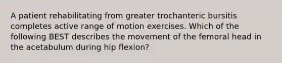 A patient rehabilitating from greater trochanteric bursitis completes active range of motion exercises. Which of the following BEST describes the movement of the femoral head in the acetabulum during hip flexion?