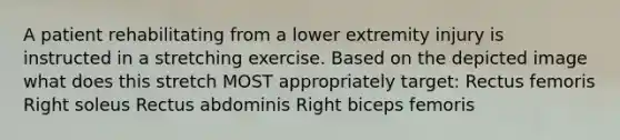 A patient rehabilitating from a lower extremity injury is instructed in a stretching exercise. Based on the depicted image what does this stretch MOST appropriately target: Rectus femoris Right soleus Rectus abdominis Right biceps femoris