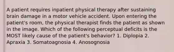 A patient requires inpatient physical therapy after sustaining brain damage in a motor vehicle accident. Upon entering the patient's room, the physical therapist finds the patient as shown in the image. Which of the following perceptual deficits is the MOST likely cause of the patient's behavior? 1. Diplopia 2. Apraxia 3. Somatoagnosia 4. Anosognosia