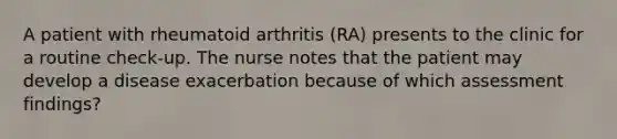 A patient with rheumatoid arthritis (RA) presents to the clinic for a routine check-up. The nurse notes that the patient may develop a disease exacerbation because of which assessment findings?