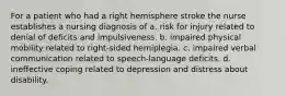 For a patient who had a right hemisphere stroke the nurse establishes a nursing diagnosis of a. risk for injury related to denial of deficits and impulsiveness. b. impaired physical mobility related to right-sided hemiplegia. c. impaired verbal communication related to speech-language deficits. d. ineffective coping related to depression and distress about disability.