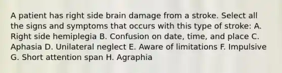 A patient has right side brain damage from a stroke. Select all the signs and symptoms that occurs with this type of stroke: A. Right side hemiplegia B. Confusion on date, time, and place C. Aphasia D. Unilateral neglect E. Aware of limitations F. Impulsive G. Short attention span H. Agraphia