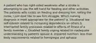 A patient who has right-sided weakness after a stroke is attempting to use the left hand for feeding and other activities. The patients wife insists on feeding and dressing him, telling the nurse, I just dont like to see him struggle. Which nursing diagnosis is most appropriate for the patient? a. Situational low self-esteem related to increasing dependence on others b. Interrupted family processes related to effects of illness of a family member c. Disabled family coping related to inadequate understanding by patients spouse d. Impaired nutrition: less than body requirements related to hemiplegia and aphasia