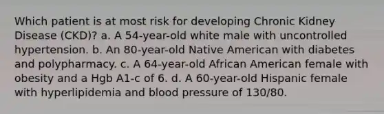 Which patient is at most risk for developing Chronic Kidney Disease (CKD)? a. A 54-year-old white male with uncontrolled hypertension. b. An 80-year-old Native American with diabetes and polypharmacy. c. A 64-year-old African American female with obesity and a Hgb A1-c of 6. d. A 60-year-old Hispanic female with hyperlipidemia and blood pressure of 130/80.