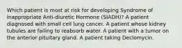 Which patient is most at risk for developing Syndrome of Inappropriate Anti-diuretic Hormone (SIADH)? A patient diagnosed with small cell lung cancer. A patient whose kidney tubules are failing to reabsorb water. A patient with a tumor on the anterior pituitary gland. A patient taking Declomycin.