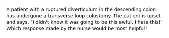 A patient with a ruptured diverticulum in the descending colon has undergone a transverse loop colostomy. The patient is upset and says, "I didn't know it was going to be this awful. I hate this!" Which response made by the nurse would be most helpful?