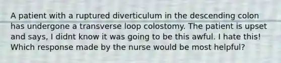 A patient with a ruptured diverticulum in the descending colon has undergone a transverse loop colostomy. The patient is upset and says, I didnt know it was going to be this awful. I hate this! Which response made by the nurse would be most helpful?