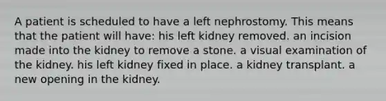 A patient is scheduled to have a left nephrostomy. This means that the patient will have: his left kidney removed. an incision made into the kidney to remove a stone. a visual examination of the kidney. his left kidney fixed in place. a kidney transplant. a new opening in the kidney.